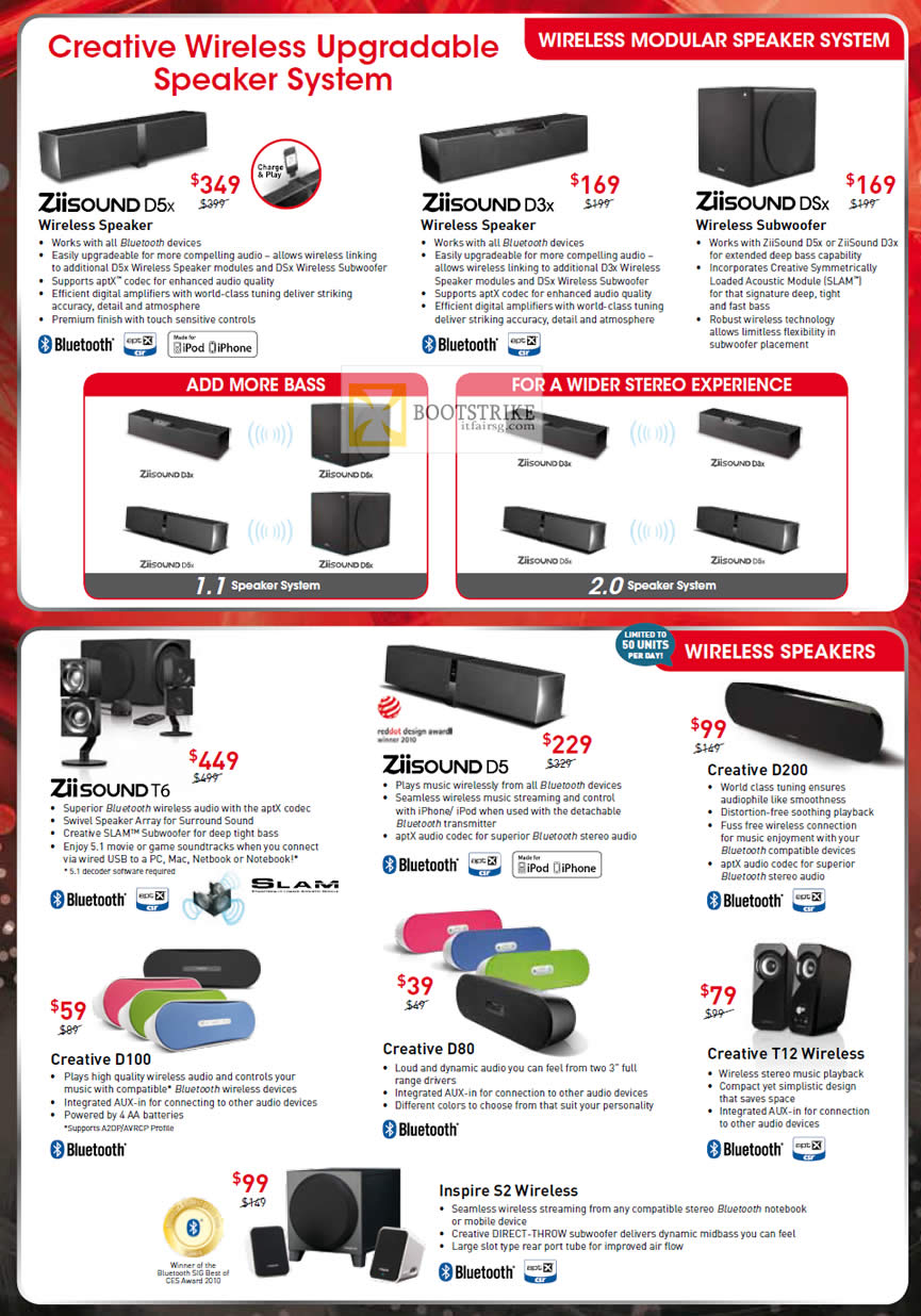 COMEX 2012 price list image brochure of Creative Speakers ZiiSound D5x D3x DSx, Ziisound T6 D5, D100 D80 D200, T12 Wireless, Inspire S2 Wireless