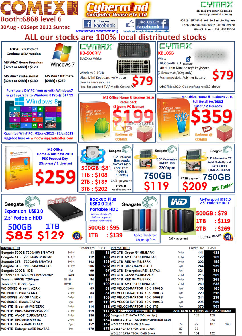 COMEX 2012 price list image brochure of Cybermind Keyboard, Microsoft Office, Windows 7, Seagate Hard Disk, External Storage, Western Digital Passport Green Red Enterprise, Toshiba