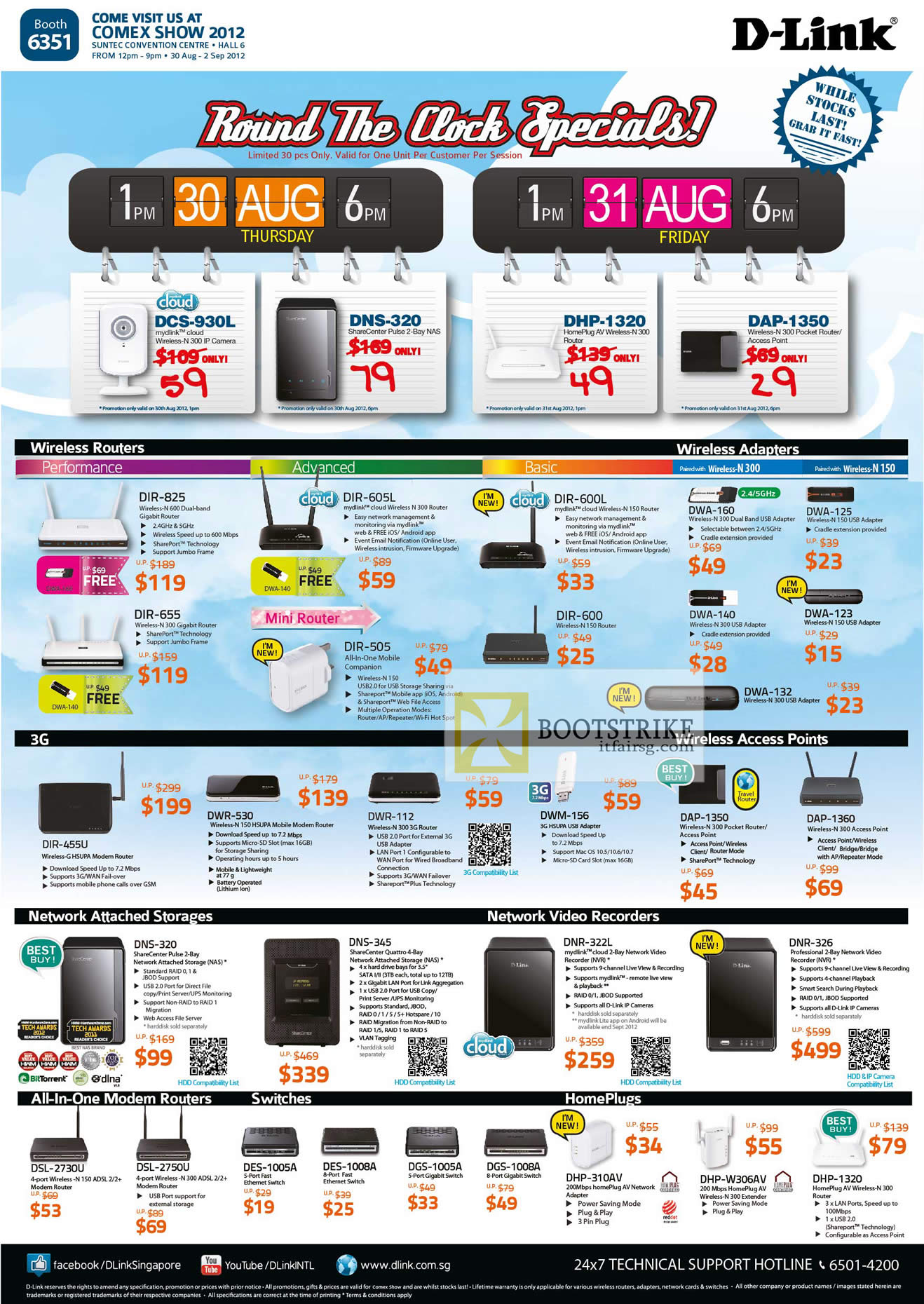 COMEX 2012 price list image brochure of D-Link Networking Hourly Deals, Routers DIR, Wireless Adapters, 3G Router DWR, NAS DNS, Network Video Recorders DNR, Modem DSL, Switches DES, HomePlug DHP