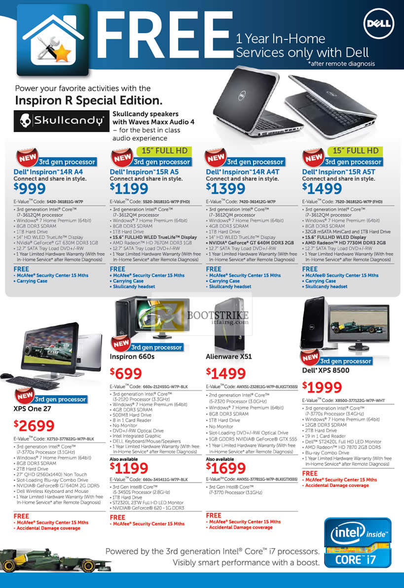 COMEX 2012 price list image brochure of Dell Reseller Notebooks Inspiron 14R A4, 15R A5, 14R A4T, 15R A5T, XPS One 27 AIO Desktop PC, Inspiron 660s Desktop PC, Alienware X51, XPS 8500