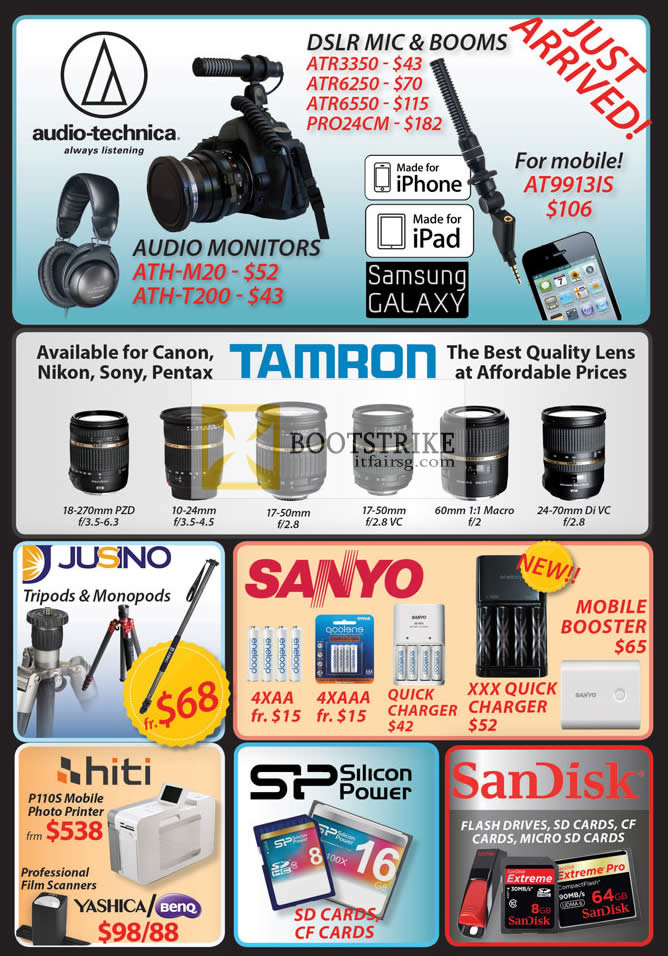COMEX 2012 price list image brochure of Eastgear Red Dot Audio Technica AT9113IS, ATH-M20, ATH-T200, Tamron, Sanyo Battery, Jusino, Hiti P1100S Printer, Film Scanner, Silicon Power