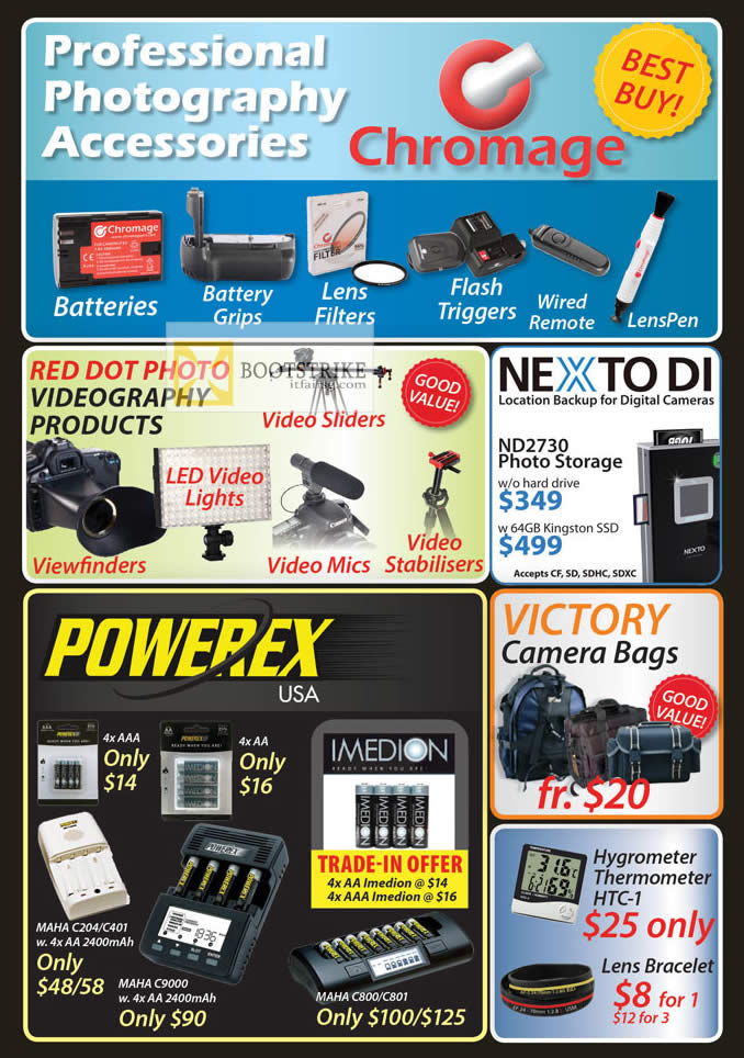 COMEX 2012 price list image brochure of Eastgear Red Dot Nexto Di ND2730 Photo Storage, Victory Camera Bags, Powerex Battery, Hyygrometer Thermometer HTC-1