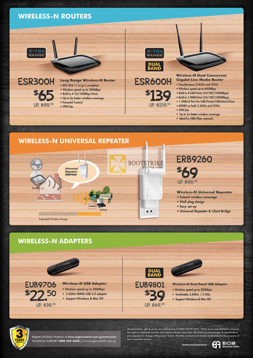 COMEX 2012 price list image brochure of Engenius Networking Routers ESR300H, ESR600H, Repeater ERB9260, Wireless Adapters EUB9706, EUB9801