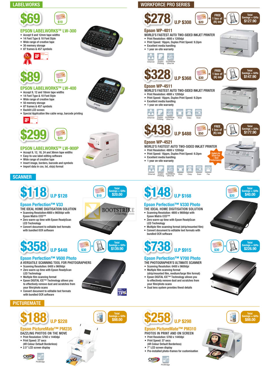 COMEX 2012 price list image brochure of Epson Labellers Labelworks LW-300 400 900P, Printers WP-4011 4511 4521, Scanner Perfection V33 V330 Photo V600 V700, PictureMate PM335 PM310