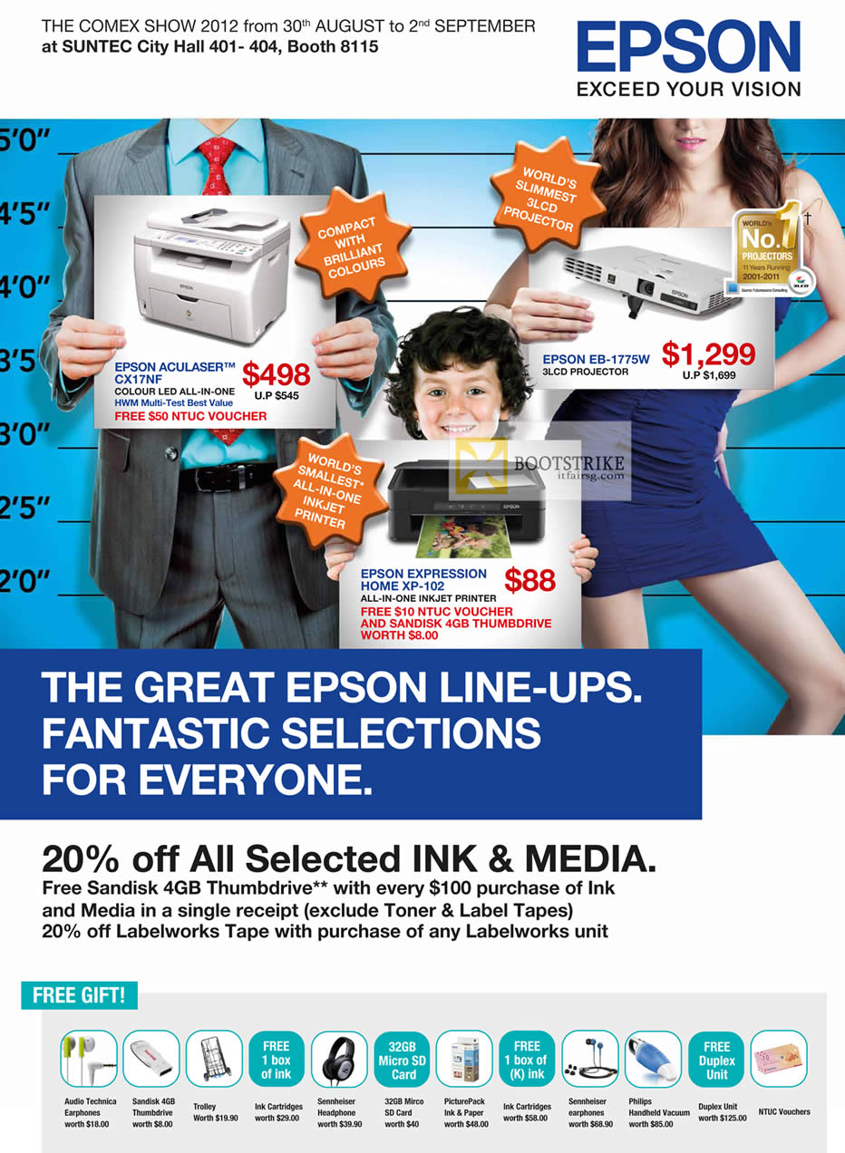 COMEX 2012 price list image brochure of Epson Printers AcuLaser CX17NF Laser, Projector EB-1775W, Expression Home XP-102, Ink, Paper, Gifts