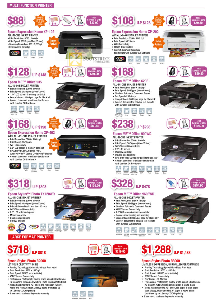 COMEX 2012 price list image brochure of Epson Printers Expression Home XP-102 202 403, ME Office 535 620F 900WD, Stylus Photo R2000, R3000