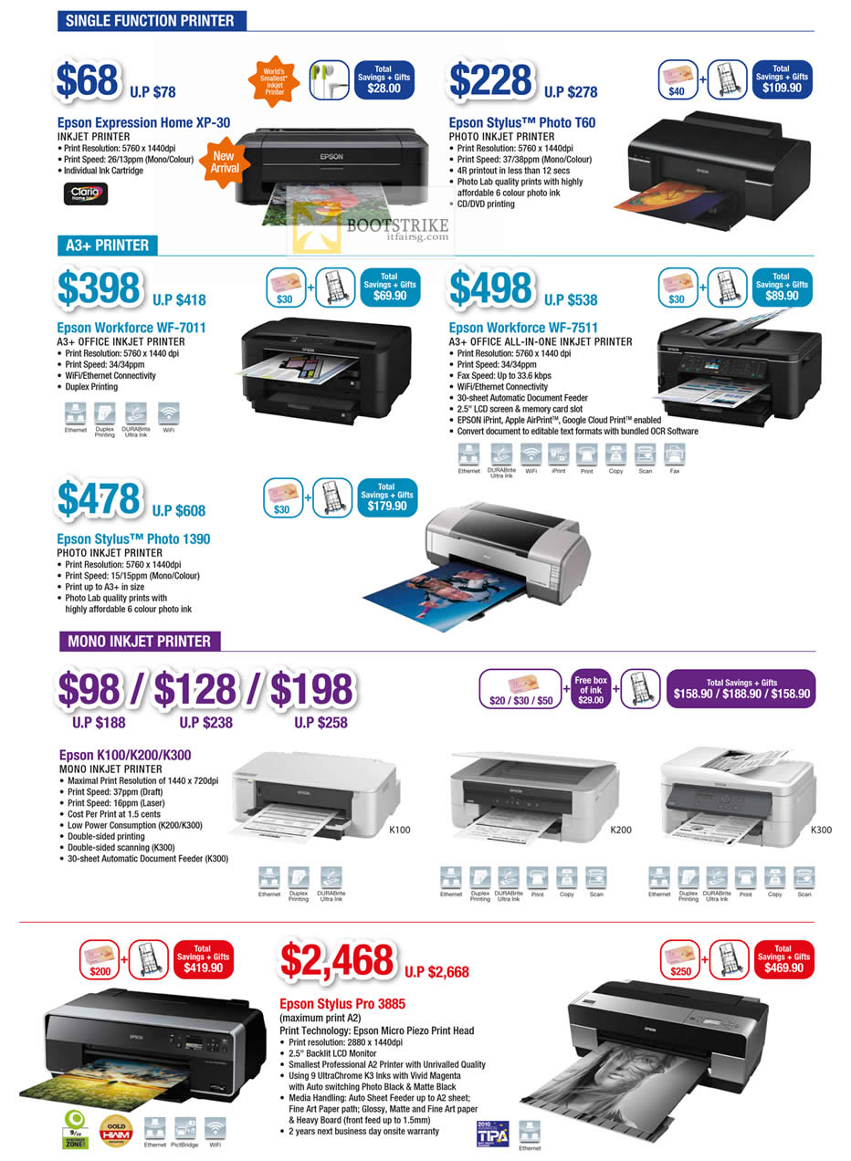 COMEX 2012 price list image brochure of Epson Printers Expression Home XP-30, Stylus Photo T60, Workforce WF-7011 7511, 1390, K100 K200 K300, Pro 3885
