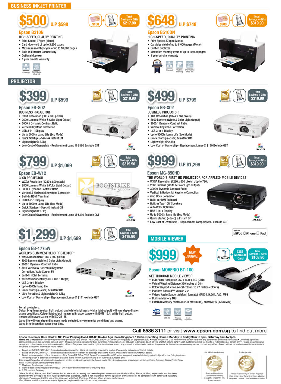 COMEX 2012 price list image brochure of Epson Printers Inkjet B310N B510DN, Projector EB-S02 X02 W12 1775W, MG-850HD, Moverio BT-100 Mobile Viewer