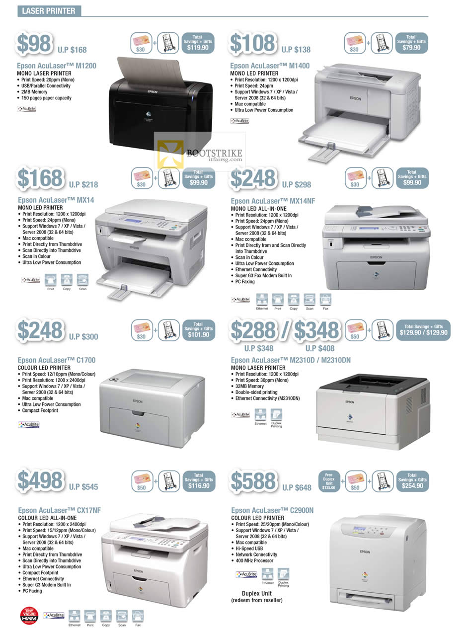 COMEX 2012 price list image brochure of Epson Printers Laser AcuLaser M1200, M1400, MX14, MX14NF, C1700, AcuLaser M2310D, M2310DN, CX17NF, C2900N