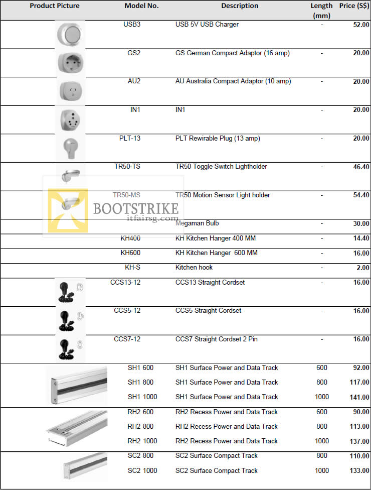 COMEX 2012 price list image brochure of Eubiq Adapters USB Charger, Switch Lightholder, Kitchen Hanger, Cordset