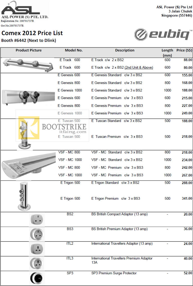 COMEX 2012 price list image brochure of Eubiq Track, Genesis, Tuscan, VSF, Trigon, Adapters