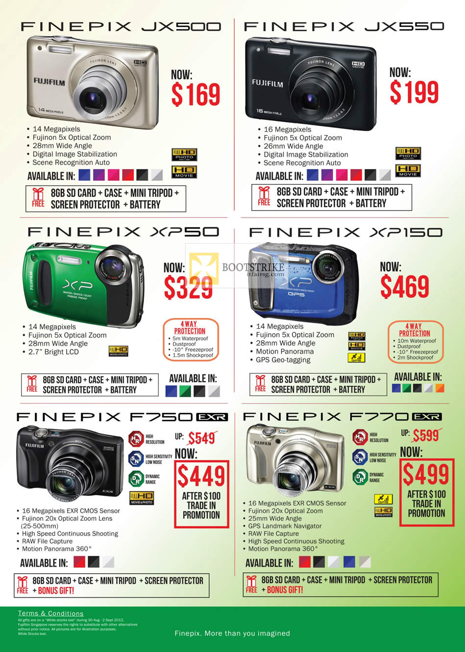 COMEX 2012 price list image brochure of Fujifilm Digital Cameras Finepix JX500, JX550, XP150, XP50, F750, F770