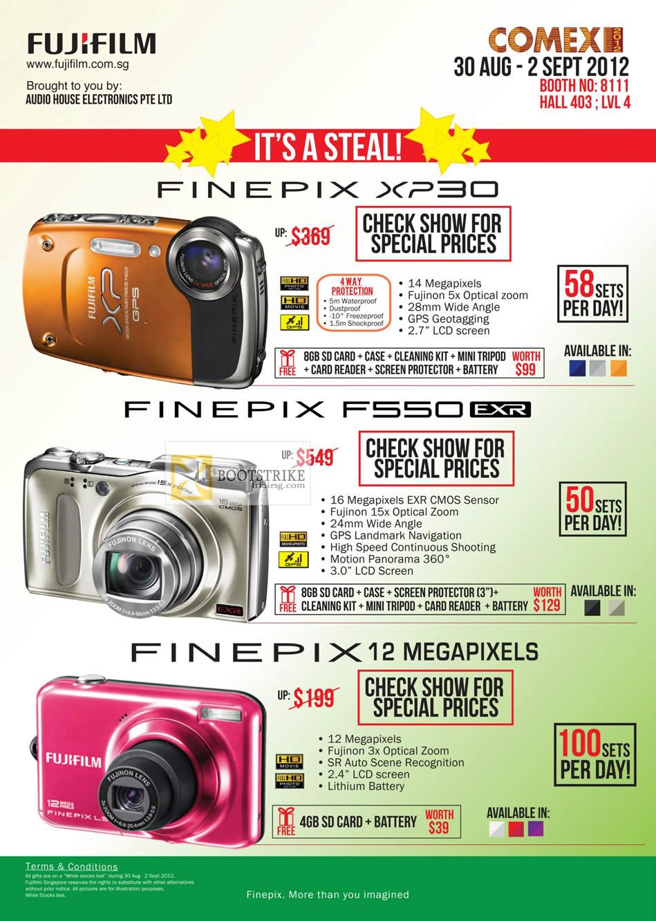 COMEX 2012 price list image brochure of Fujifilm Digital Cameras Finepix XP30, F550, 12 Megapixels