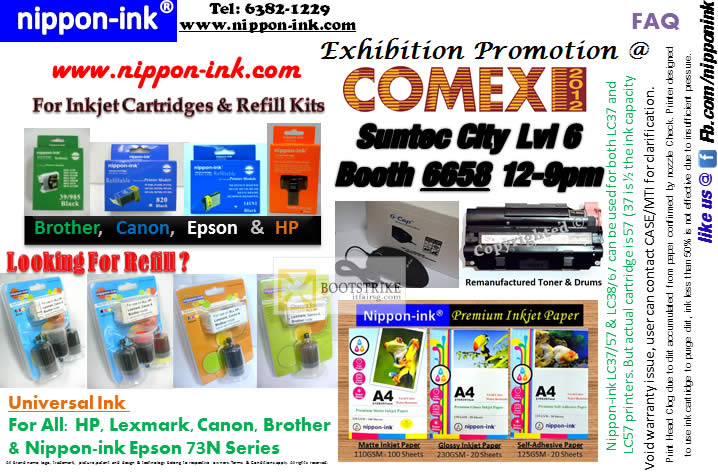 COMEX 2012 price list image brochure of G-Cap Nippon Ink Printer Inkjet Cartridges Refill, Kits, Universal Ink