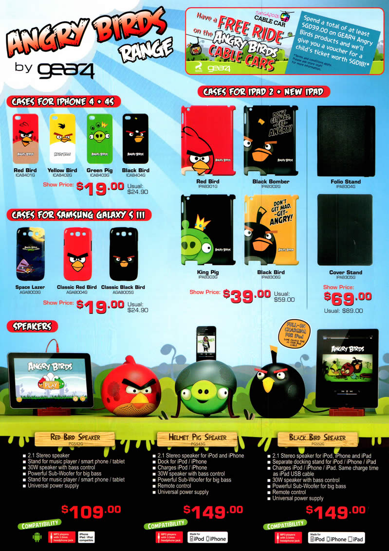 COMEX 2012 price list image brochure of Gear4 Angry Birds IPhone Case, Samsung Galaxy S III Case, IPad Case, Speakers Red Bird, Helmet Pig, Black Bird