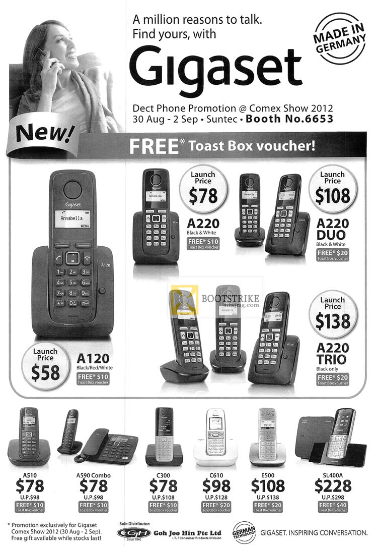COMEX 2012 price list image brochure of Goh Joo Hin Gigaset Phones A120 A220 DUO TRIO, AS10, A590 Combo, C300, C610, E500, SL400A