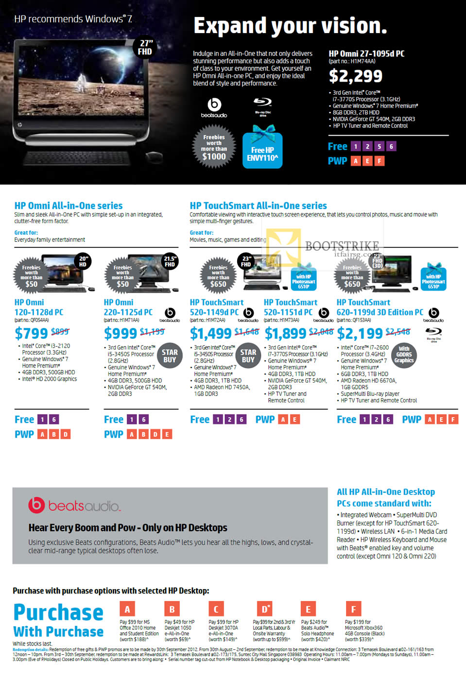 COMEX 2012 price list image brochure of HP AIO Desktop PC Omni 27-1095d, 120-1128d, 220-1125d, 520-1149d 1151d, 620-1199d