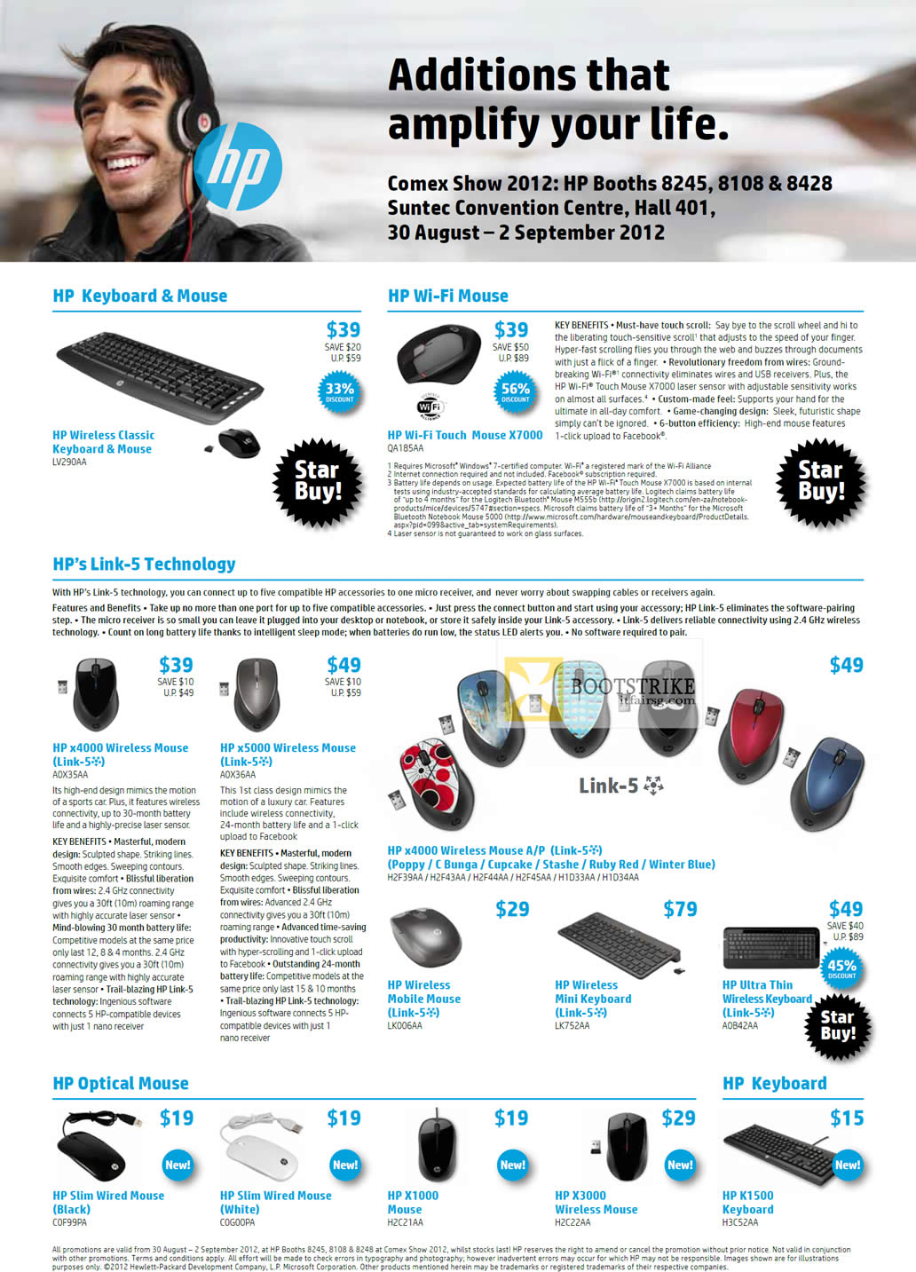 COMEX 2012 price list image brochure of HP Accessories Keyboard, Mouse, Wi-Fi Touch Mouse X7000, X4000, X5000 Link-5, Optical Mouse, Keyboard