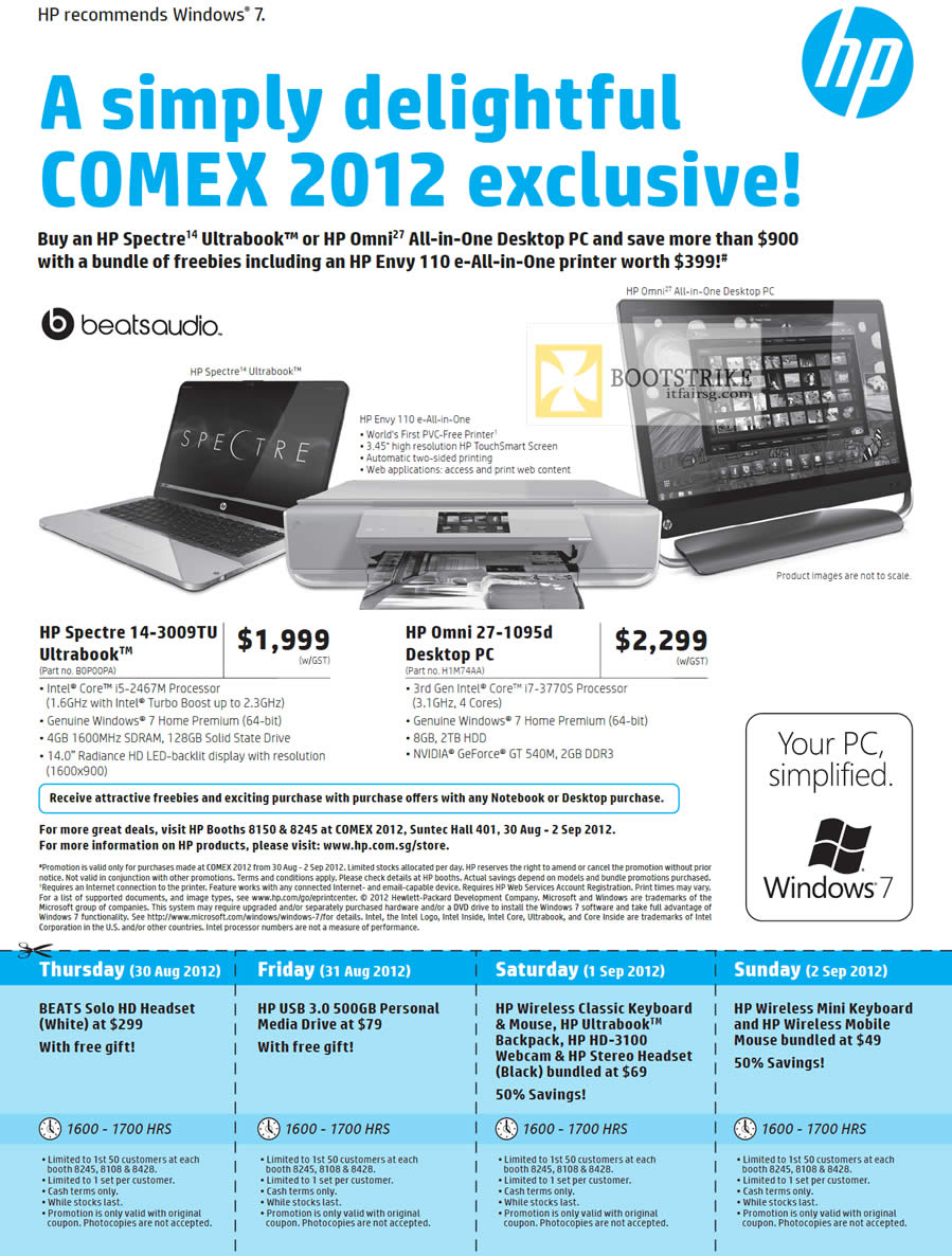 COMEX 2012 price list image brochure of HP Notebooks Spectre 14-3009TU Ultrabook, Omni 27-1095d Desktop PC, Beats Solo HD Headset, External Storage, Keyboard, HD-3100 Webcam, Mouse