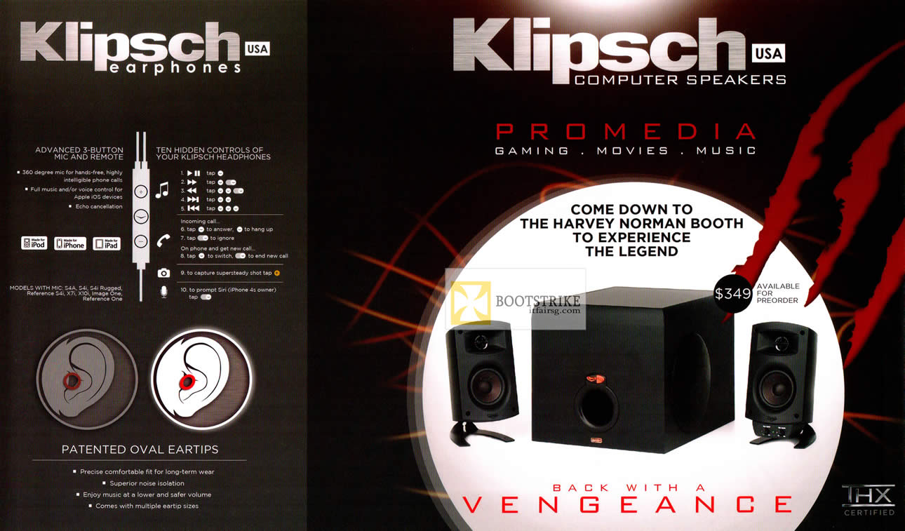 COMEX 2012 price list image brochure of Harvey Norman Klipsch Promedia Vengeance Speakers, Earphone Features