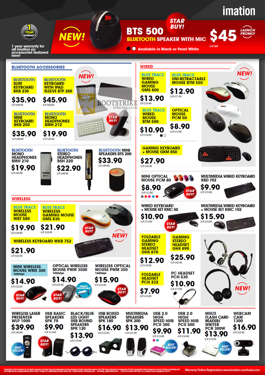 COMEX 2012 price list image brochure of Imation Accessories Bluetooth Keyboard, Headphones, Mouse, Headset, Laser Presenter, Speakers, USB Hub, Webcam, Card Reader