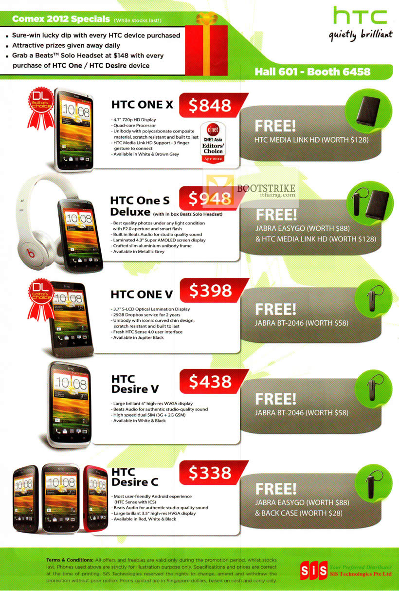 COMEX 2012 price list image brochure of Jim & Rich Mobile Phones HTC One X, One S Deluxe, One V, Desire V, Desire C