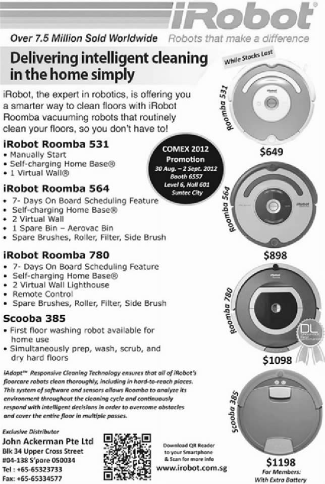 COMEX 2012 price list image brochure of John Ackerman IRobot Vacuum Cleaners Roomba 530, IRobot Roomba 564, IRobot Roomba 780, Scooba 385