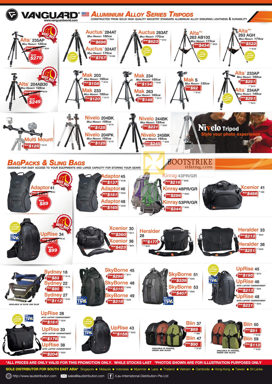 COMEX 2012 price list image brochure of Lau Intl Vanguard Tripods Aluminium Alloy Alta, Auctus, Mak, Nivelo, Bags Adaptor, Kinray, Xcenior, Heralder, Skyborne, Uprise, Biin