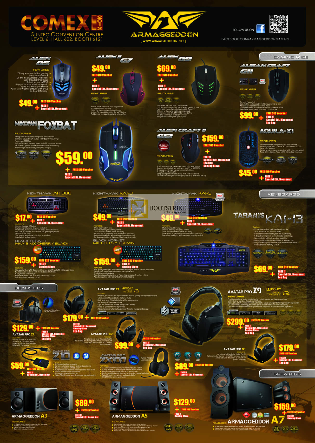 COMEX 2012 price list image brochure of Leap Frog Armaggeddon Mouse Alien G5 G7 G9 G11, Keyboard NightHawk AK 300 KAI-3 KAI-5 Taranis, Headset Avatar, Speakers A3 A5 A7