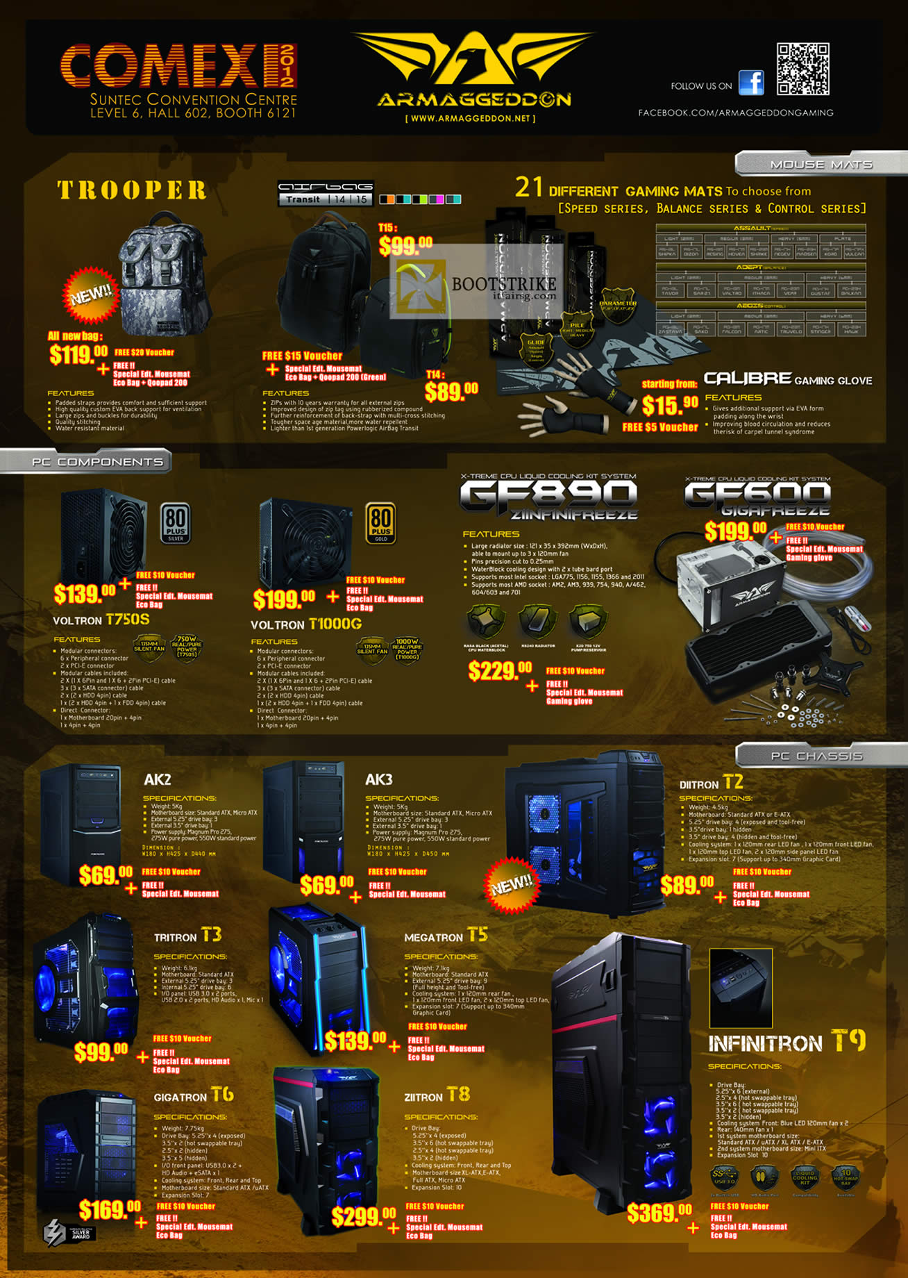 COMEX 2012 price list image brochure of Leap Frog Armaggeddon Trooper Bag, Gaming Mats, Voltron Case T750S T1000G, Cooling Kits, PC Chassis AK2, AK3, Triton T3, Megatron T5, Infinitron T9