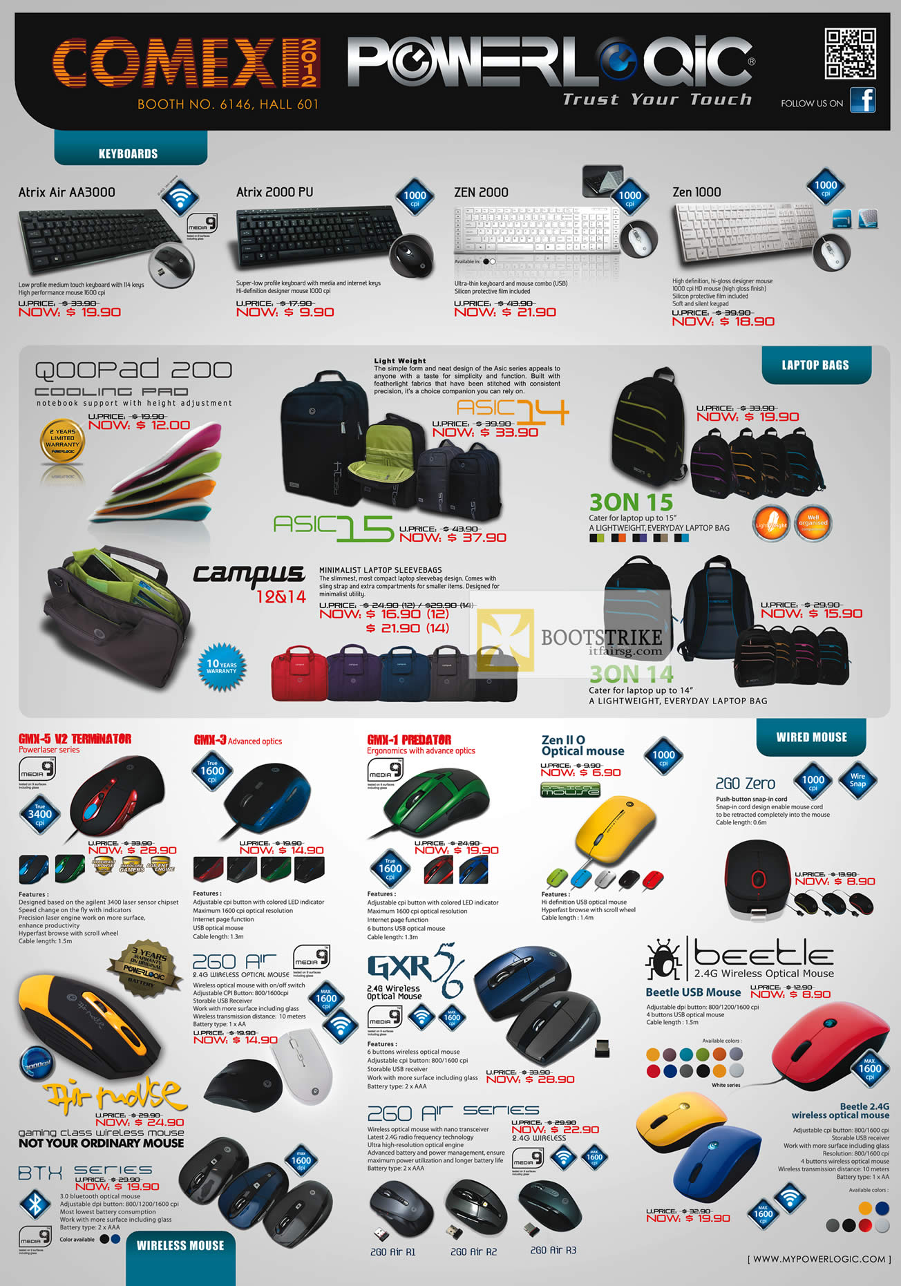 COMEX 2012 price list image brochure of Leap Frog Powerlogic Accessories Keyboard Atrix Air AA3000, 2000 Pu, Zen 2000, 1000, Cooling Pad, 3ON 15, Mouse GMX-5 V2 Terminator, Predator, Bettle, GXR, Air Mouse