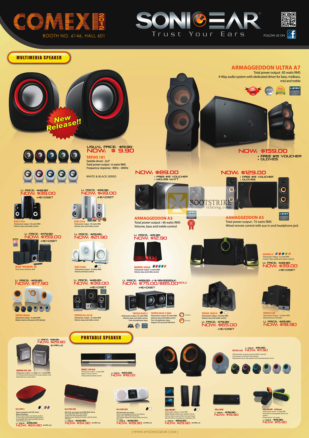 COMEX 2012 price list image brochure of Leap Frog Powerlogic Sonicgear Speakers Armaggeddon Ultra A7, A3, A5, Evo 3 Pro, 5 Pro, Tatoo 101, 303xb, Pro 321X, Duo 3, Duo V, 525, E202, Morro 3, Enzo, 2Go
