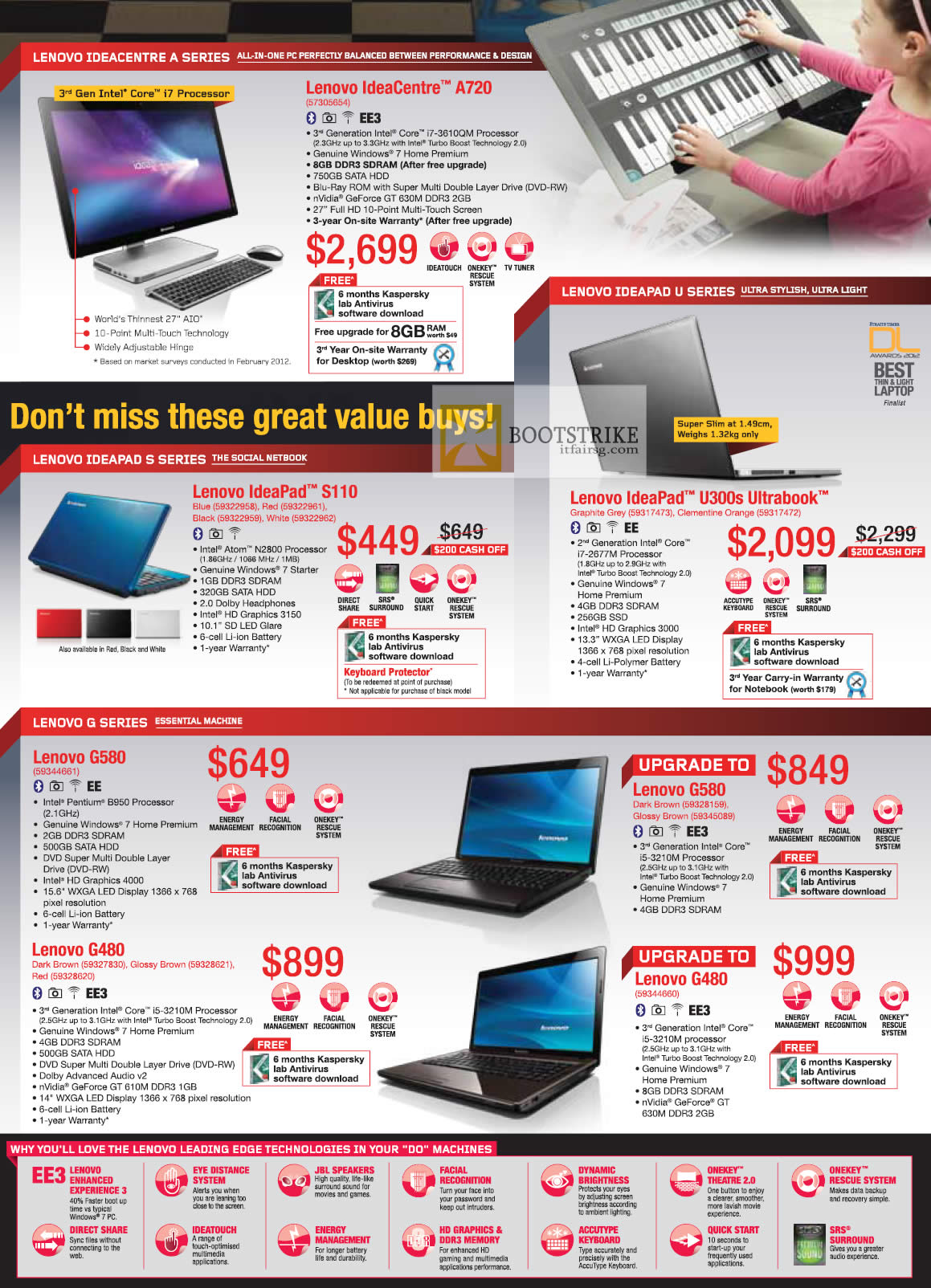 COMEX 2012 price list image brochure of Lenovo Notebooks Ideacentre A720 IdeaPad S110, U300S Ultrabook G480, G580