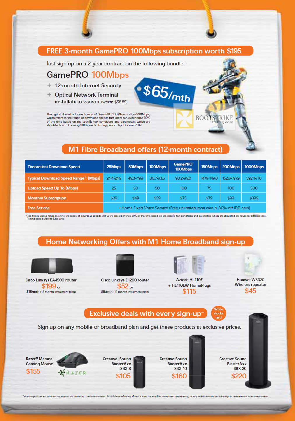 COMEX 2012 price list image brochure of M1 Broadband Fibre GamePRO 100Mbps, 25Mbps, 50Mbps, 100Mbps, 1000Mbps, Cisco Linksys EA4500 Router, E1200, Aztech, Huawei, Razer Mamba, Creative Sound BlasterAXX