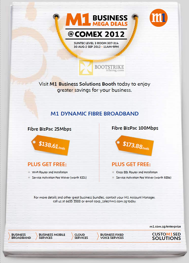 COMEX 2012 price list image brochure of M1 Business Dynamic Fibre Broadband, BizPac 25 Mbps, 100 Mbps
