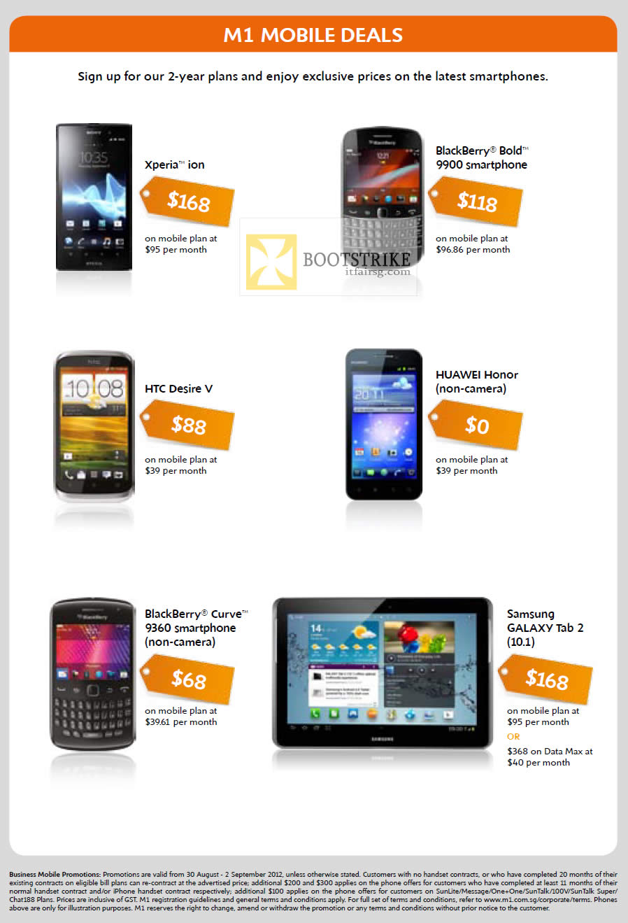COMEX 2012 price list image brochure of M1 Business Sony Xperia Ion, Samsung Galaxy Tab 2, Blackberry Bold 9900, Curve 9360, Huawei Honor, HTC Desire V