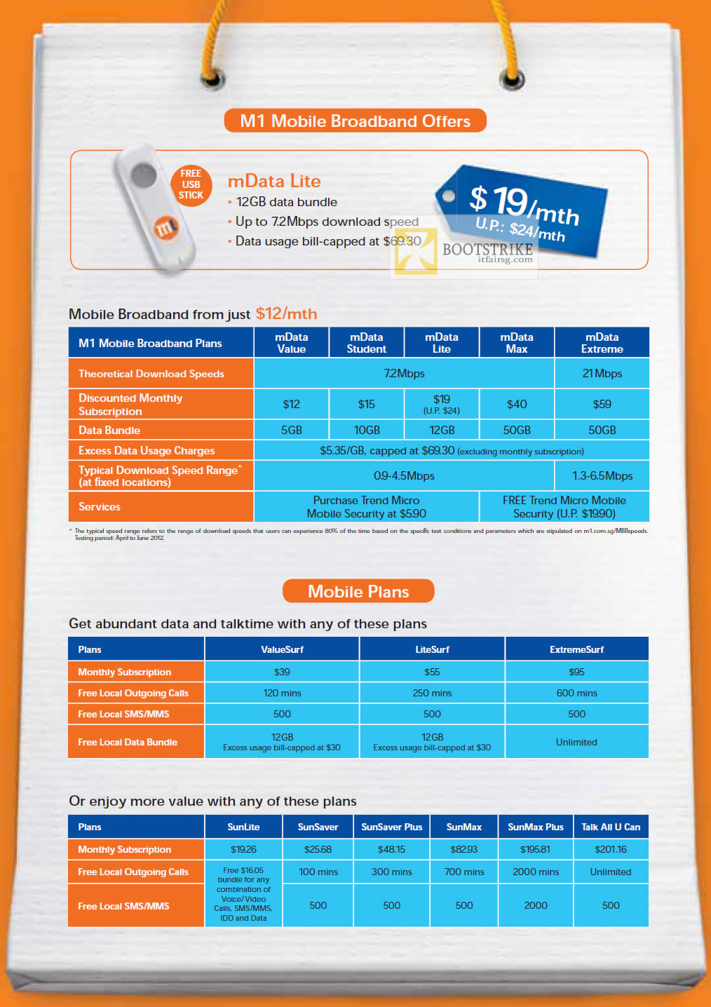 COMEX 2012 price list image brochure of M1 Mobile Broadband MData Lite Value Student Max Extreme, Mobile Plans ValueSurf LiteSurf ExtremeSurf SunLite SunSaver Plus SunMax