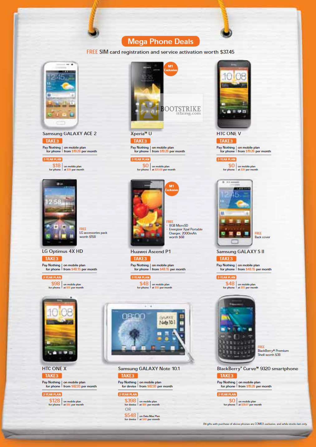 COMEX 2012 price list image brochure of M1 Samsung Galaxy Ace 2, S II, Note 10.1, Sony Xperia U, HTC One V, X, LG Optimus 4X HD, Huawei Ascend P1, Blackberry Curve 9320