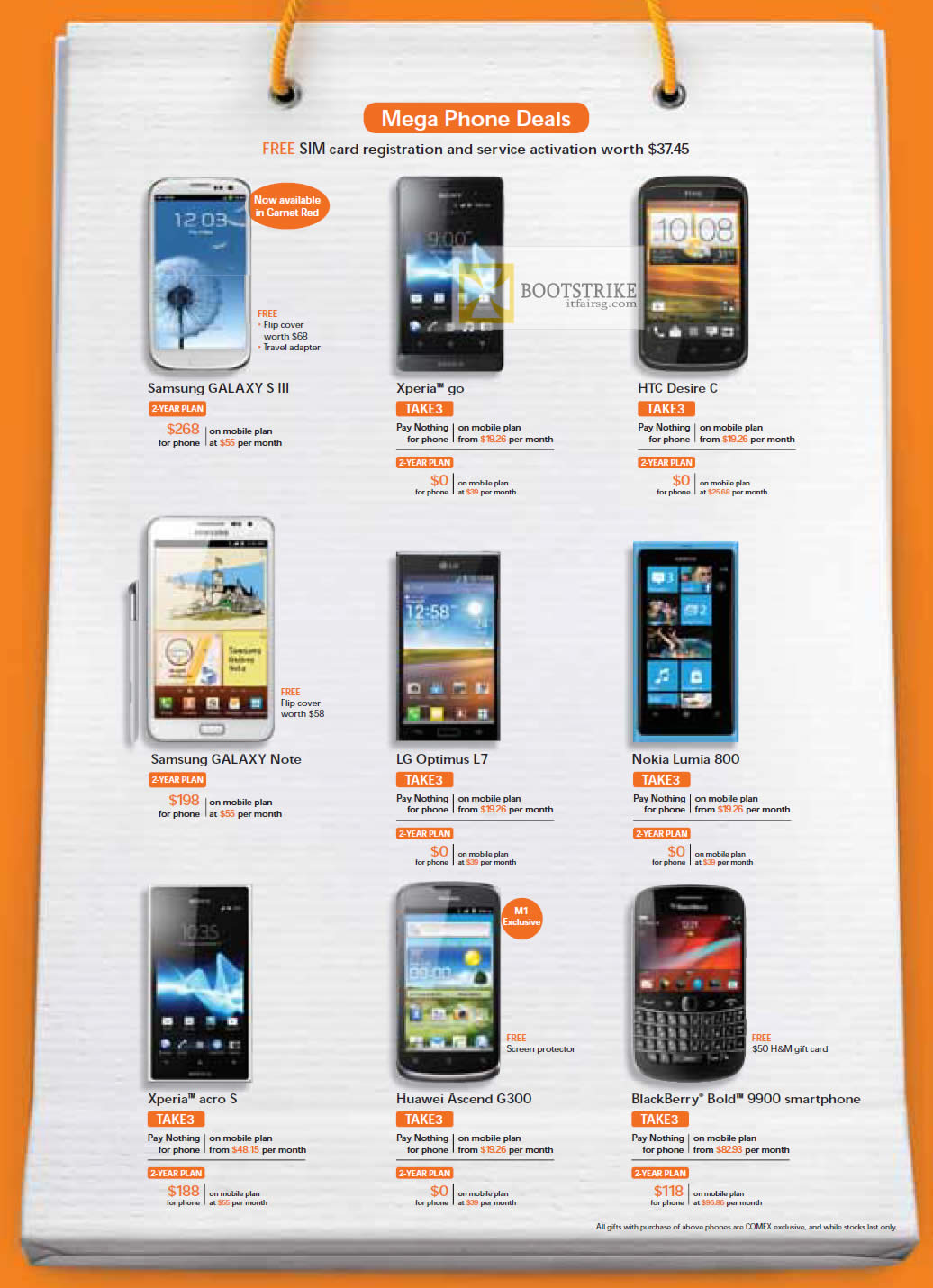 COMEX 2012 price list image brochure of M1 Samsung Galaxy S III, Note, Sony Xperia Go, Arco S, HTC Desire C, LG Optimus L7, Nokia Lumia 800, Huawei Ascend G300, Blackberry Bold 9900