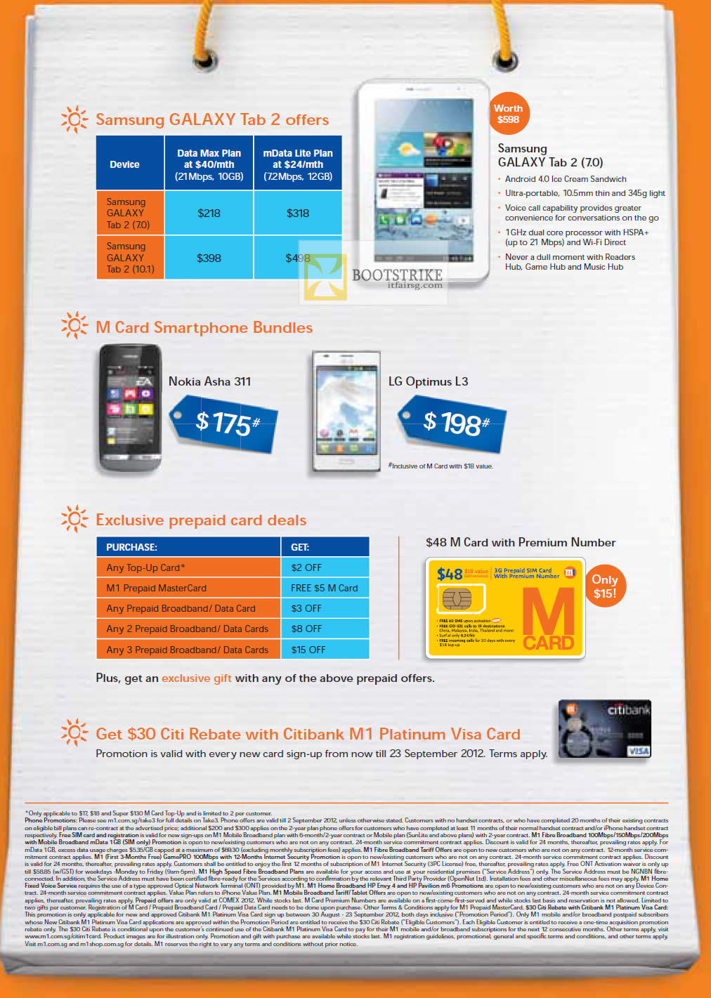 COMEX 2012 price list image brochure of M1 Samsung Galaxy Tab 2 7.0 10.1, M Card Nokia Asha 311, LG Optimus L3, Citibank