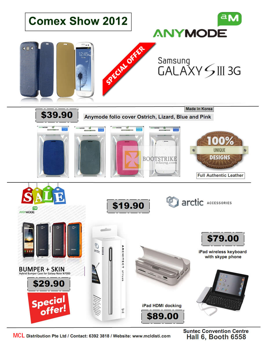 COMEX 2012 price list image brochure of MCL Distribution Anymode Samsung Galaxy S III Case, Anymode Folio, Arctic Accessories, IPad Keyboard, HDMI Docking