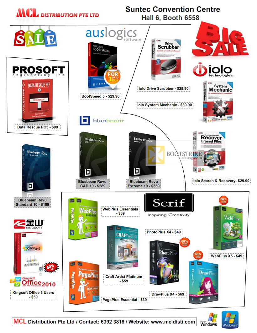 COMEX 2012 price list image brochure of MCL Distribution Mac Software Auslogics BootSpeed, Profsoft Data Rescue, Bluebeam, Iolo, Serif, Kingsoft Office 2010