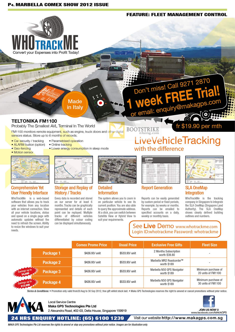 COMEX 2012 price list image brochure of Maka GPS Teltonika FM1100, Live Vehicle Tracking, SLA