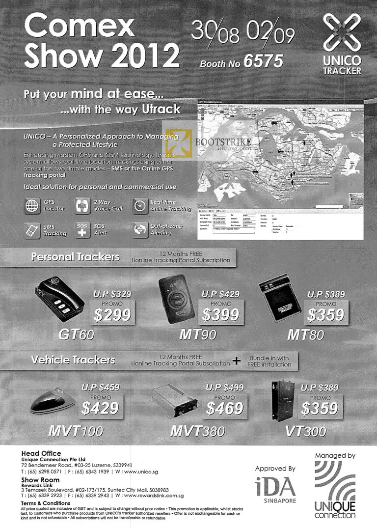 COMEX 2012 price list image brochure of Marque Unico Tracker GPS Tracking, Personal Tracker GT60 MT90 MT80, Vehicle Trackers MVT100 MVT380 VT300