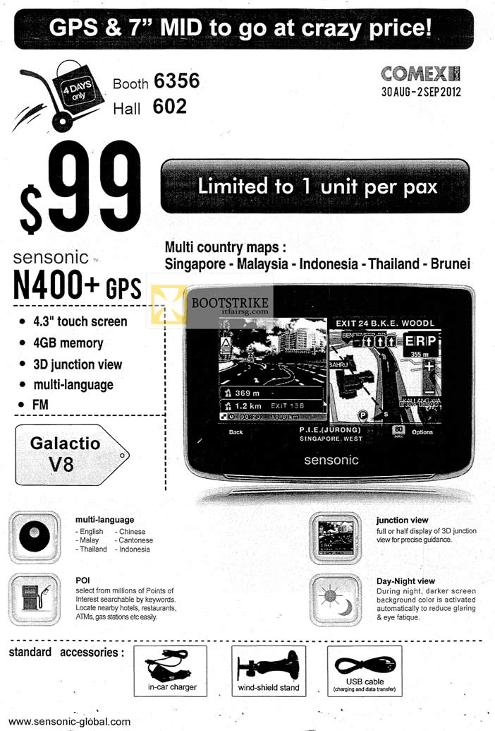 COMEX 2012 price list image brochure of Mclogic Sensonic N400 Plus GPS Navigator, Galactio V8