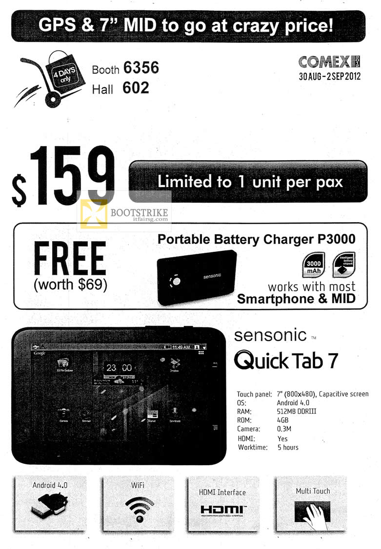 COMEX 2012 price list image brochure of Mclogic Sensonic Quick Tab 7 Tablet, GPS