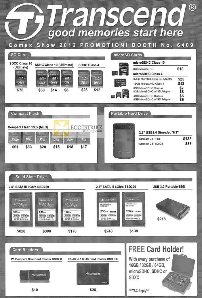 COMEX 2012 price list image brochure of Memory World Transcend SD Flash Memory Cards, MicroSD, CompactFlash, External Storage StoreJet, SSD, USB Card Reader