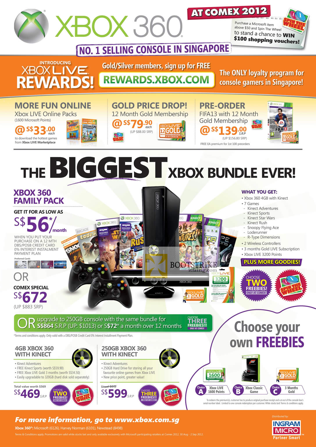 COMEX 2012 price list image brochure of Microsoft Xbox 360 Family Pack, Live Online Packs, Gold Membership, Kinect