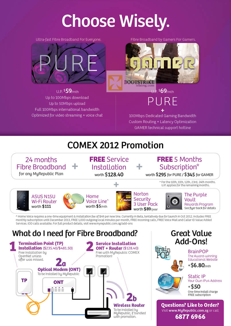 COMEX 2012 price list image brochure of MyRepublic Fibre Broadband Pure, Gamer, Requirements, Free ASUS N15U Router, BrainPOP