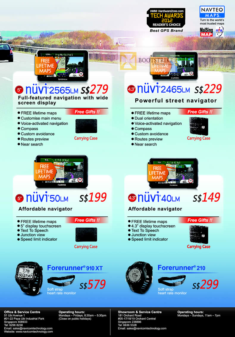 COMEX 2012 price list image brochure of Navicom Garmin GPS Navigators Nuvi 2565LM, Nuvi 2465LM, Nuvi 50LM, Nuvi 40LM, Forerunner 910 XT, 210